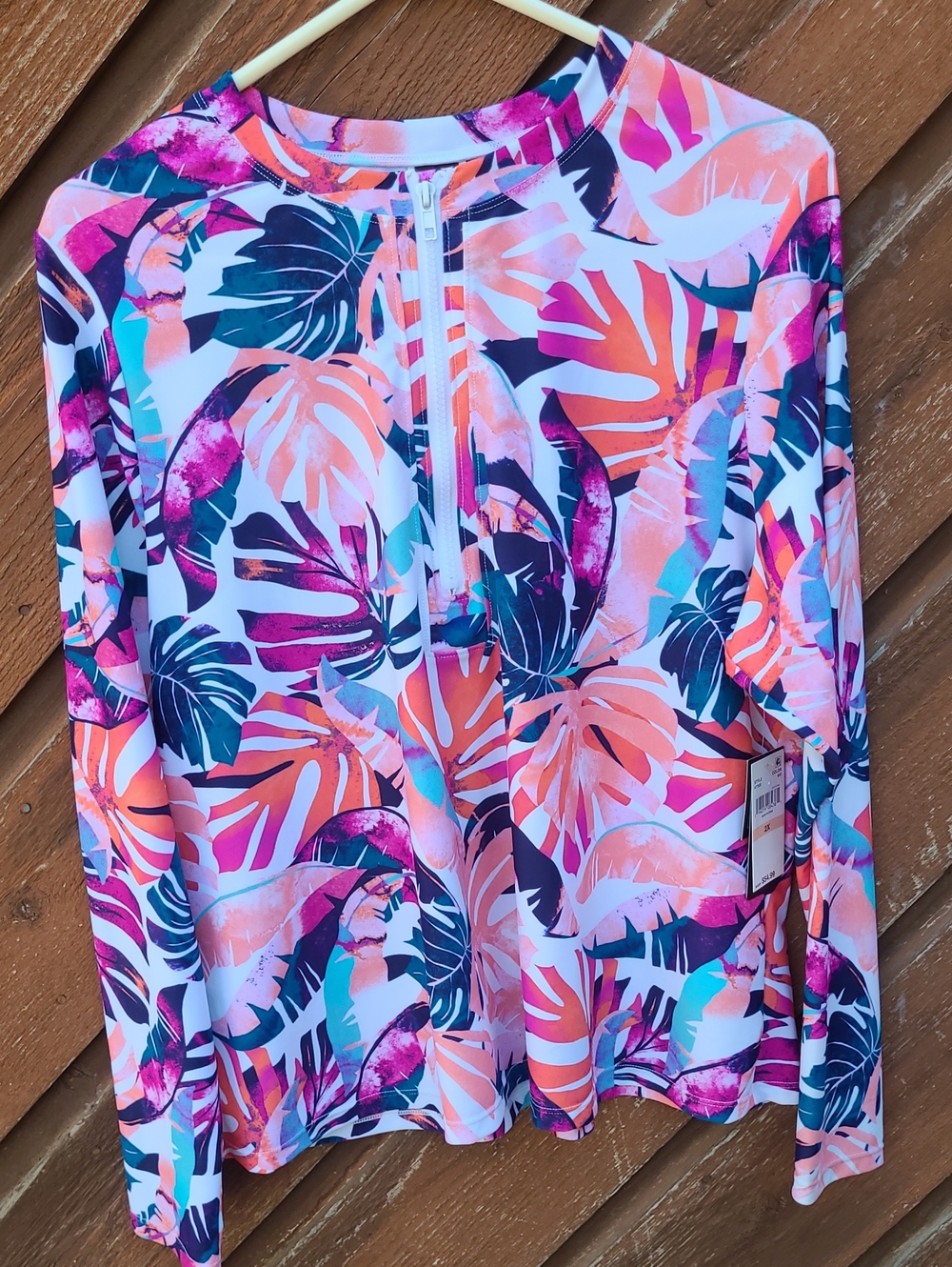 NWT Islamd Escape Tropical Leaf Long Sleeve Rash Guard - Pink, Coral & Teal
